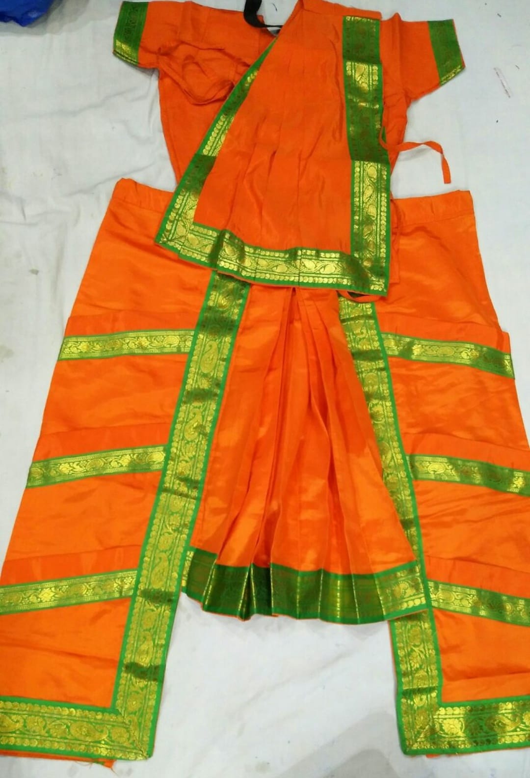 China Silk Bharatanatyam Costume - Orange & Green