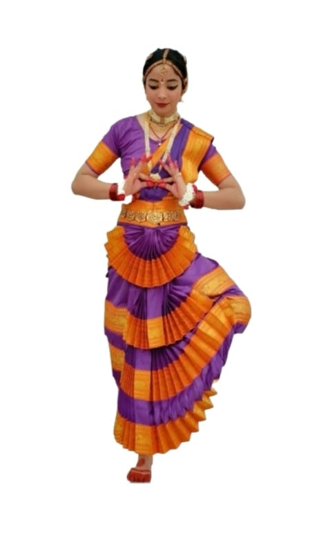 China Silk Bharatanatyam Costume - Orange & Blue