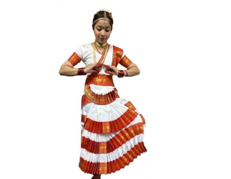 China Silk Bharatanatyam Costume - White & Red