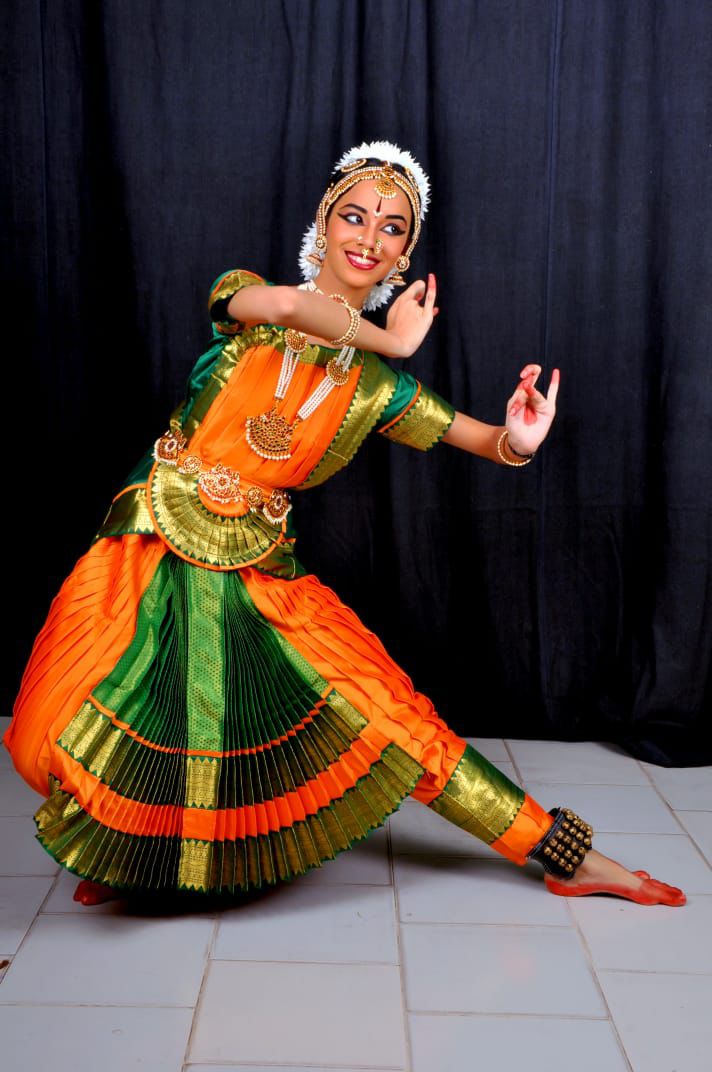 Professional Bharatnatyam Costume Orange with Green