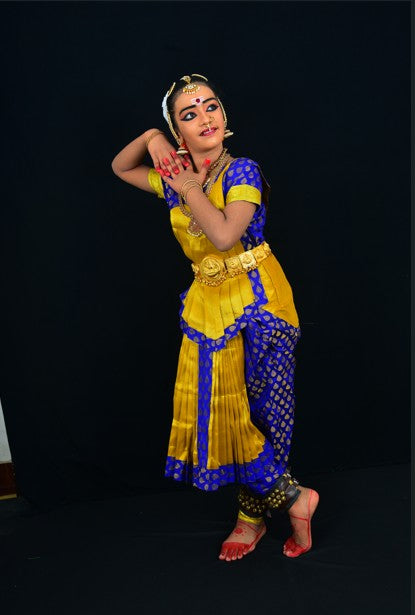 Professional Bharatanatyam Arangetram Costume - Blue & Yellow Silk