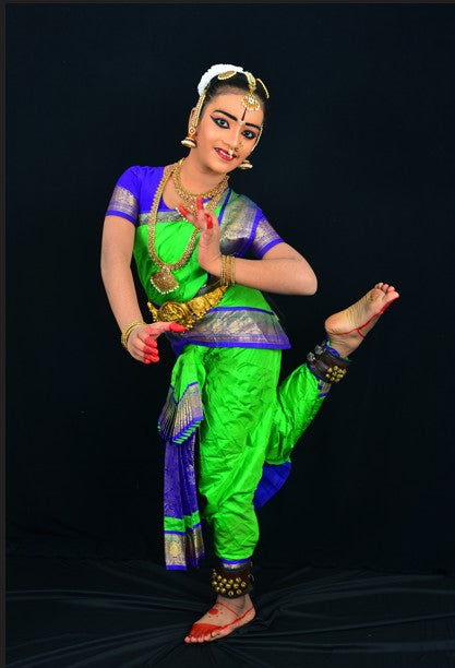 Professional Bharatanatyam Arangetram Costume - Green & Blue Silk